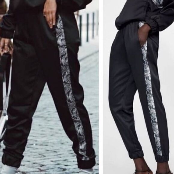 Zara Pants - ZARA Joggers Satin NEW Snakeskin Silver Glitter Stripe Oversized Black Size XS